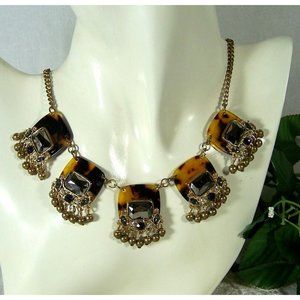Statement Faux Tortoise and Metal Necklace Gold Dangle Beads Lobster Clasp H&M
